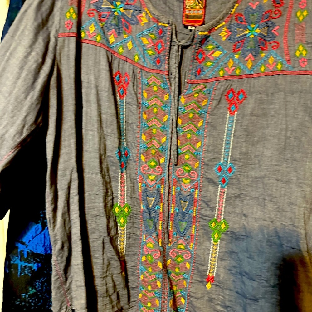 Johnny Was blue denim embroidered top